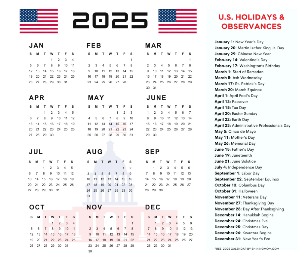 2025 calendar with holidays