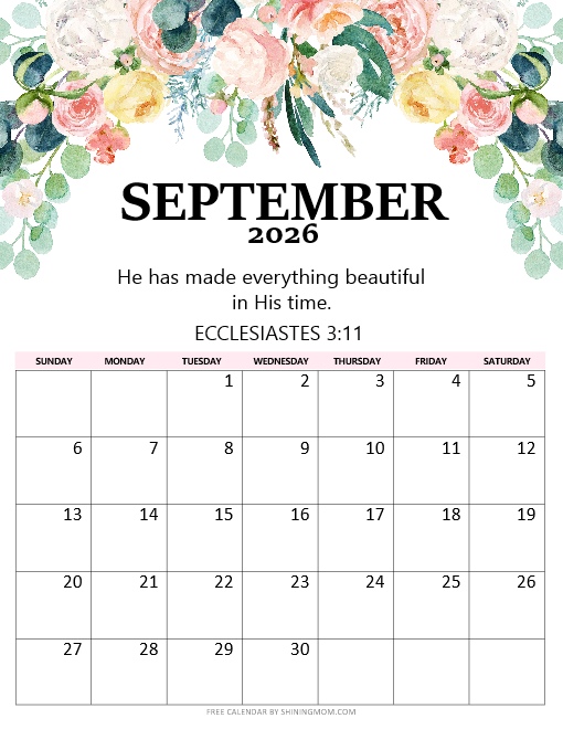 Inspirational calendar for September 2026